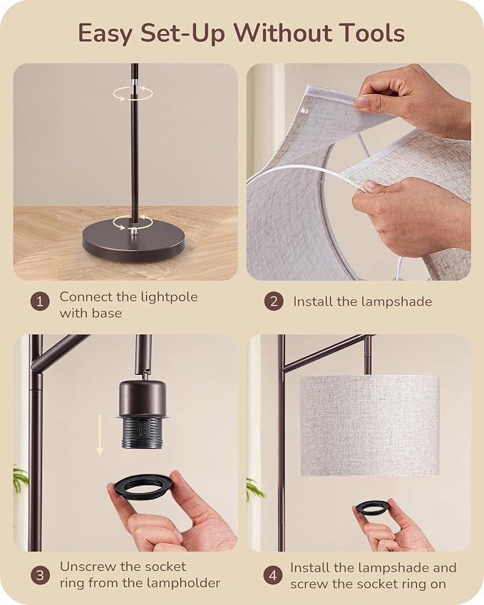 EDISHINE 64.7" Modern Arc Floor Lamps for Living Room, Brown Standing Lamp | 3 Color Temperatures, Bulb Included, Adjustable Linen Shade, Foot Switch, Tall Light for Bedroom, Office, Nursey