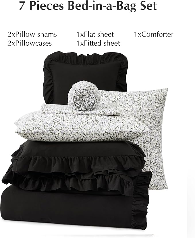 Full Size Comforter Sets-7 Pieces Ruffle Bedding Floral Sheet | Black Bed in a Bag, Soft Lightweight All Season Farmhouse Full Size Bedding Sets with Floral Sheets, Pillowcases & Shams