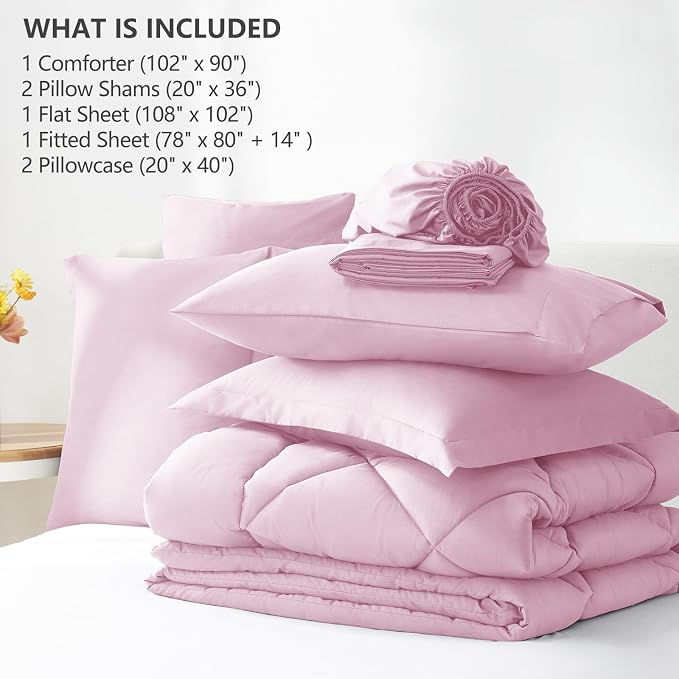 King Size Comforter Set Light Pink - 7 Pieces Complete Bedding Set | OEKO-TEX Certified, All Season, 240GSM Down-Alternative Comforter, Sheets, Pillowcases & Shams, 14" Deep Pocket, Easy Care