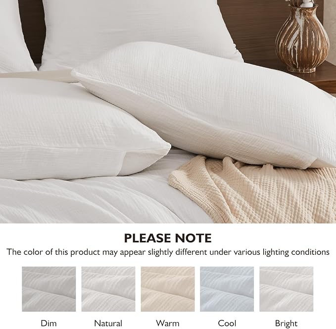 EMME Cream White Muslin Duvet Cover Queen Size, 100% Cotton Soft Gauze Bedding Set with 2 Pillowcases, Breathable Lightweight All Season Comforter Cover with Zipper & Corner Ties, 90"x90"