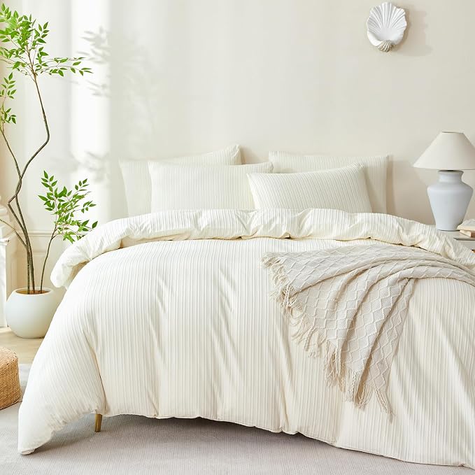 Comforter King Set Beige Striped Soft Luxury Washed Microfiber Jacquard 3 Pieces Bedding Set, Beige Vertical Ticking Stripes Comforter with 2 Pillowcases Breathable Durable Comfy