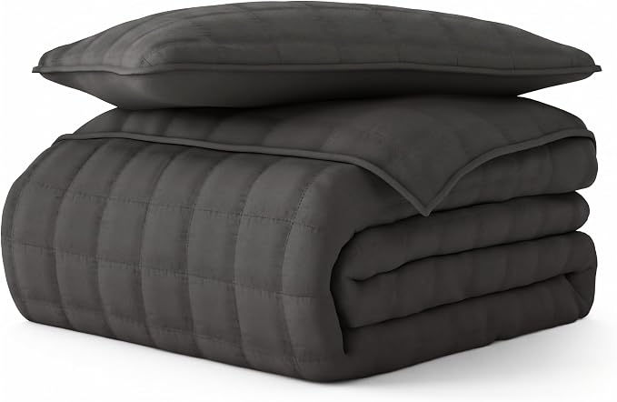 Merit Linens Classic Quilt Coverlet Soft Set in Square Stitching - Twin/TwinXL Gray
