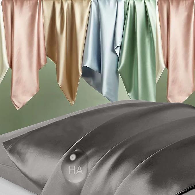 Silk Pillow Cases 2 Pack, Mulberry Silk Pillowcases Standard Set of 2, Smooth, Anti Acne, Beauty Sleep, Both Sides Natural Silk Satin Pillow Cases for Women 2 Pack with Zipper for Gift, Dark Gray