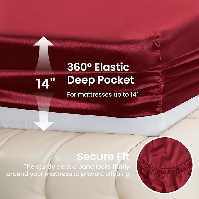 Love's cabin Satin King Sheet Sets - 4 Piece Burgundy Silky Sheets King Size Bed with Deep Pocket, Luxury Silk Feel King Size Satin Sheet Set (1 Flat Sheet,1 Fitted Sheet,2 Pillow Cases)