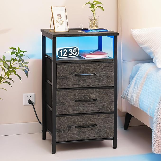 Yoobure Night Stand with Charging Station, 3 Fabric Drawers Nightstand, Bedside Tables with Storage Shelf, End Table with 16 Colors LED, Small Dresser for Small Space, Gray | 16 Colors Bedside Table with 3 Fabric Drawers & Storage Shelf, End Table with...