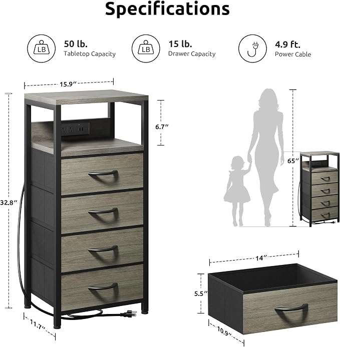 Lazzanto Night Stand with Charger Station, 4 Fabric Drawers, Grey | Nightstand, Bedside Table, Open Shelf, Built in USB-A, USB-C Port & AC Outlets, For Bedroom, Dorm, Living Room