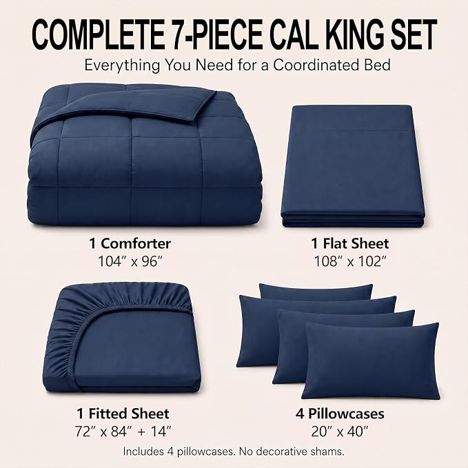California King Comforter Set Navy Blue - 7 Pieces Bed in a Bag | OEKO-TEX Certified, All-Season, Bedroom, Guest Room, Down-Alternative Comforter + Flat & Fitted Sheets + 4 Pillowcases