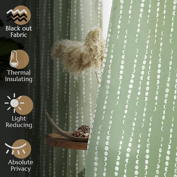 jinchan Boho Blackout Curtains 63 Inch Length Moon Phase Printed Drapes | Sage Green Farmhouse Curtain for Bedroom Living Room Back Tab Drapes Room Darkening Window Treatment 2 Panels