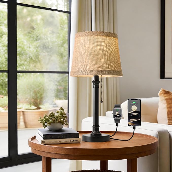 19.5" Small Table Lamp for Bedroom, Rustic Black Lamp, USB A+C | Pull Chain Switch Bedside Table Lamps, Natural Shade, Small Farmhouse Nightstand Lamp for Living Room End Table & Desk Light