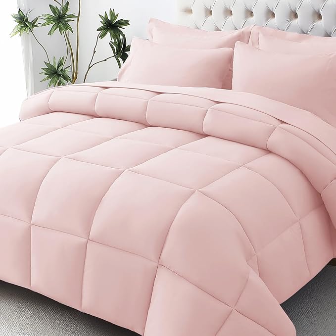 JOLLYVOGUE King Comforter Set, Ultra-Soft Bed in a Bag King Size 7 Pieces, Oeko-TEX Certified Bedding Set with Down Alternative Comforter, Sheets, Pillowcases & Shams, Blush Pink