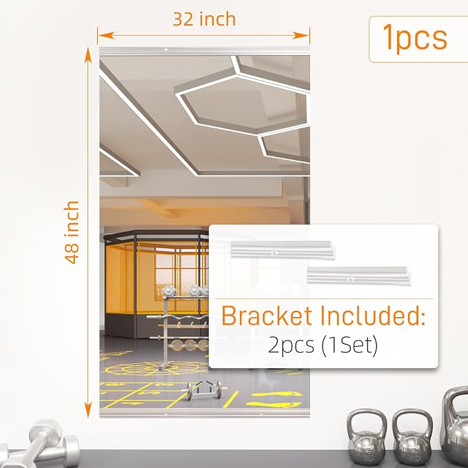 pertetey 48 x 32 in Home Gym Mirror, Frameless, 1-Pack | Tempered Glass, Full Body View, Wall Mounted for Yoga, Exercise, Dance Studio