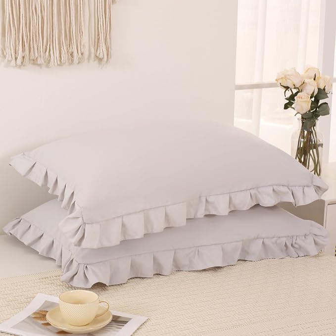 Beige Gray Pillow Shams Cute Ruffle Queen Pillowcases Solid Pillow Cover Set of 2 Shabby Chic Soft Light Gray Pillowcases 2 Pack (Queen (20''x30''), Beige Gray)