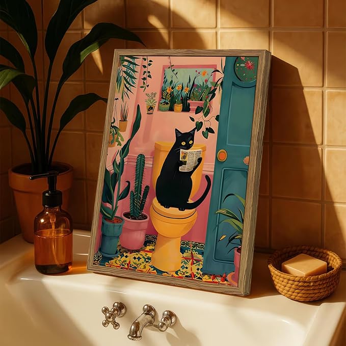 Funny Black Cat Bathroom Wall Art Whimsical Cat Reading Newspaper on Toilet Wall Decor Picture Cute Animal Bathroom Poster Canvas Painting Prints for Restroom 12x16 inch Framed