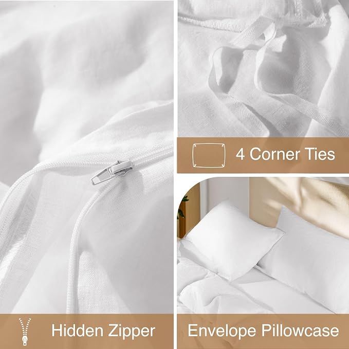 SONORO KATE 100% French Linen Cal King Duvet Cover Set,Zipper Closure,3PC | Natural French Flax,Soft Breathable for Hot Sleepers,Moisture Wicking & Durable,4 Corner Ties,White