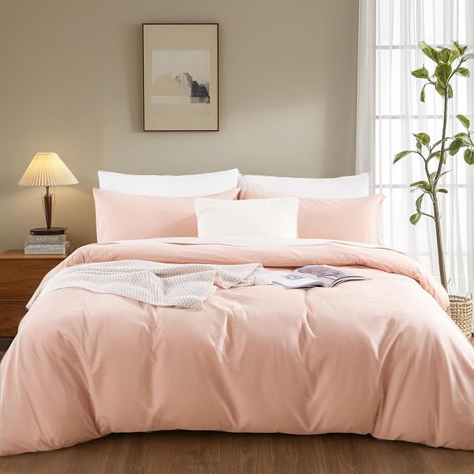 NEXHOME PRO Duvet Cover Set Twin Size Linen Feel Textured Organic Natural 100% Washed Cotton Duvet Cover 2 Pieces Bedding Set with Zipper Closure, Breathable, Dusty Pink(No Comforter)