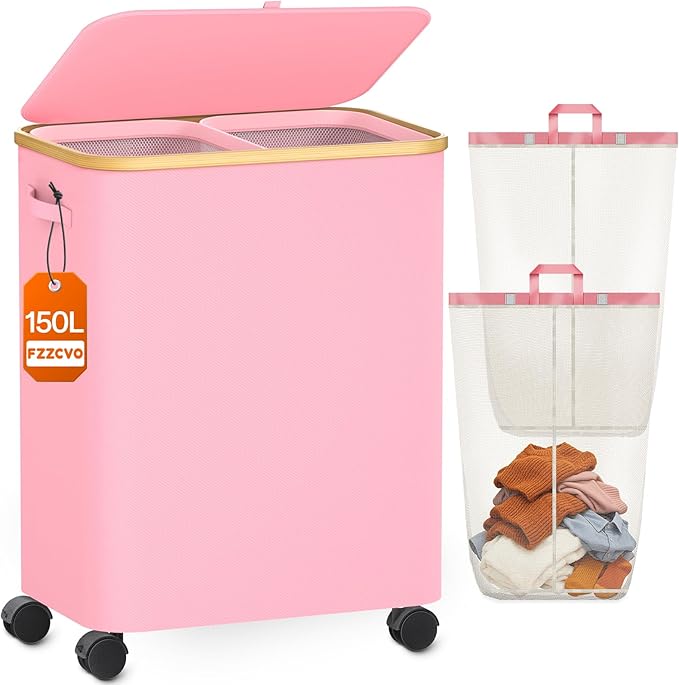 Double Laundry Basket with Wheels and Lid, 150L Clothes Hampers for Laundry | Large Laundry Hamper with 2 Sections & Removable Liner Bags, Rolling Dirty Clothes Basket for Bedroom Bathroom Dorm College