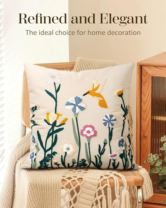 Embroidered Throw Pillow Cover 18x18 Inch, Flower Bird | Decorative Pillow Cover, Floral Cottagecore Cushion Case with Hidden Zipper, Farmhouse Decor for Couch, Sofa, Living Room
