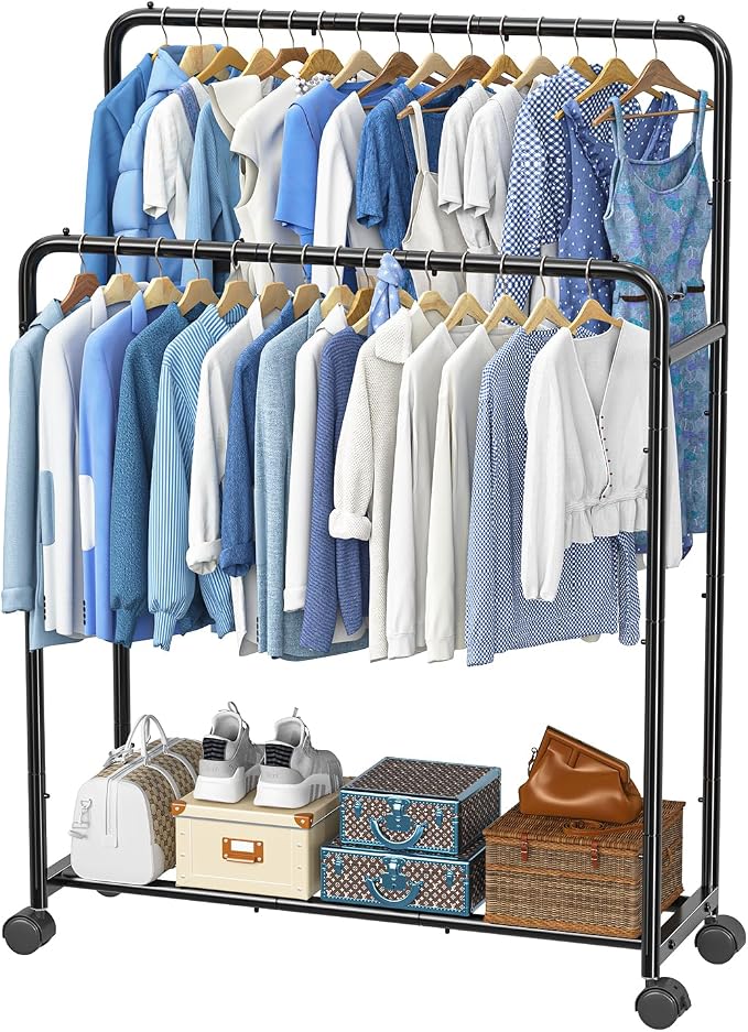 Simple Trending Clothing Clothes Rack, Double Rod Garment Rack, Black | Portable Closet with Bottom Shelf, Anti-Slip Stoppers, 360° Lockable Wheels, Multiple Uses, Bedroom, Laundry Room