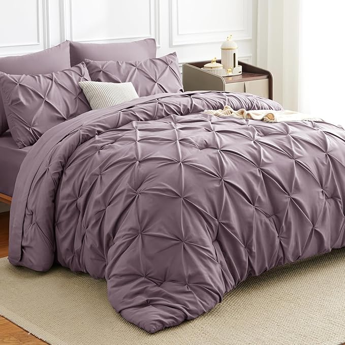 HIMEET King Size Comforter Set Dusty Purple - 7 Pieces Pintuck Bed in a Bag | OEKO-TEX Certified, 240GSM Down Alternative Comforter, 14" Deep Pocket Fitted Sheet + Flat Sheet + 2 Pillowcases + 2 Shams