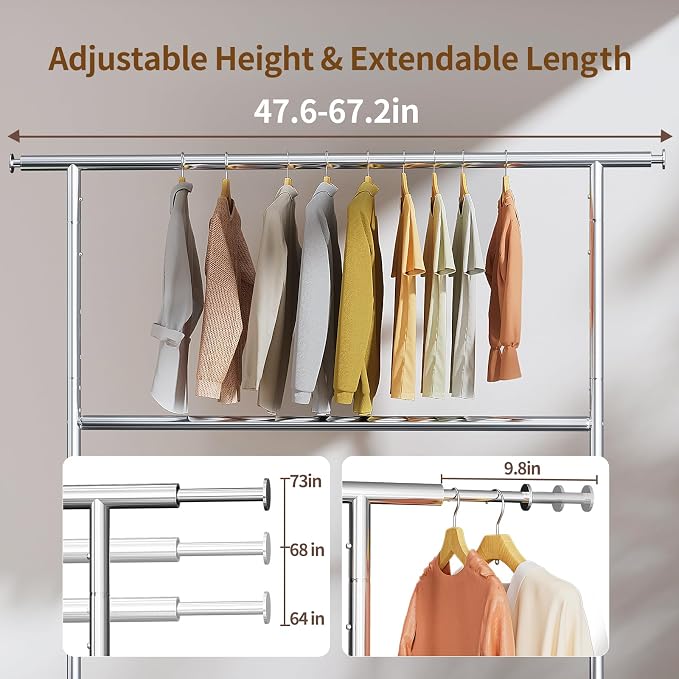 Luxspire Heavy Duty Clothes Rack Load 600 LBS, Double Rod Clothing Rack, Rolling Garment Racks with Lockable Wheels, Shelves, Adjustable Laundry Hanging Racks for Clothes
