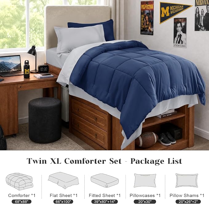 JOLLYVOGUE Twin XL Comforter Set, Ultra-Soft Bed in a Bag Twin XL Size 5 Pieces, Oeko-TEX Certified Bedding Set with Down Alternative Comforter, Sheets, Pillowcases & Shams, Navy Blue & Light Grey