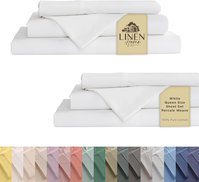 Linen Home 2-Pack Queen Sheet Set, 100% Cotton Percale Bedding, 8-Piece Value Bundle, Deep Pocket Cooling Bed Sheets for Hot Sleepers, Breathable & Crisp Hotel Quality, Long-Staple Cotton, White