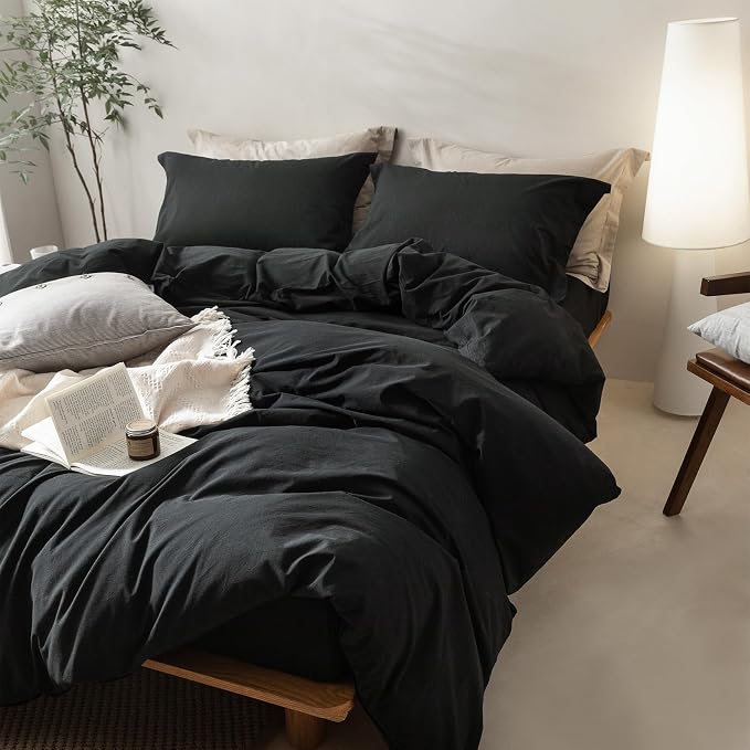 BDEAR 3Pcs Black Duvet Cover Set Super Queen Size 98" L x 90" W,Oeko TEX | 100% Washed Cotton, 1 Duvet Cover with 2 Pillowcases, Zipper Closure, 8 Corner Ties,Linen-Liked Texture, Skin Friendly