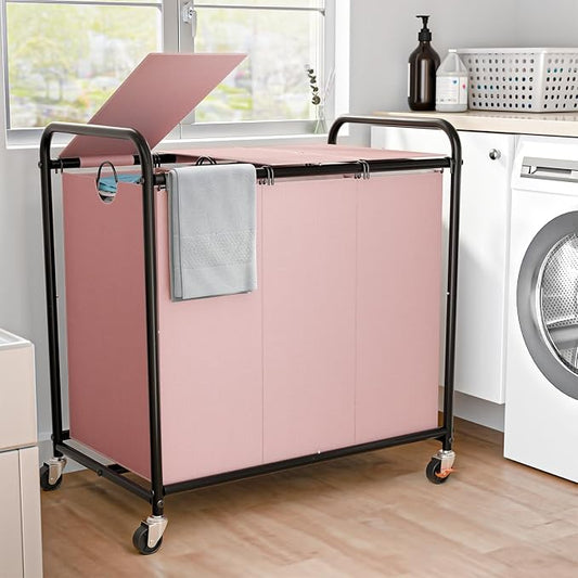 180L Laundry Sorter 3 Section, Rolling Laundry Basket with Wheels and Lid | 47.55 Gal Laundry Hamper, 3 Separated Removable Bags, Lockable Wheels, Dirty Clothes Hamper for Laundry Room Organizer, Pink