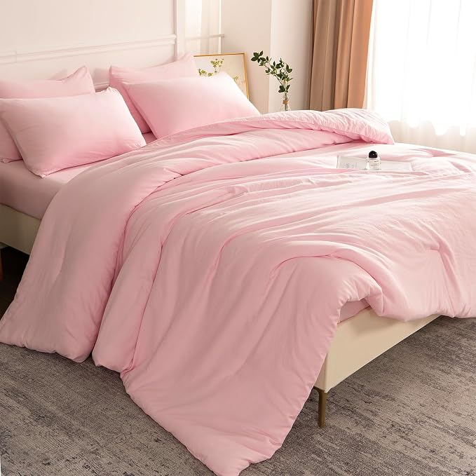 King Comforter Pink Set 3 Pieces Soft Bedding Bright Comforter King Lightweight Light Pink Style Comforter Set for All Seasons 1 Comforter and 2 Pillowcases (Pink, King)