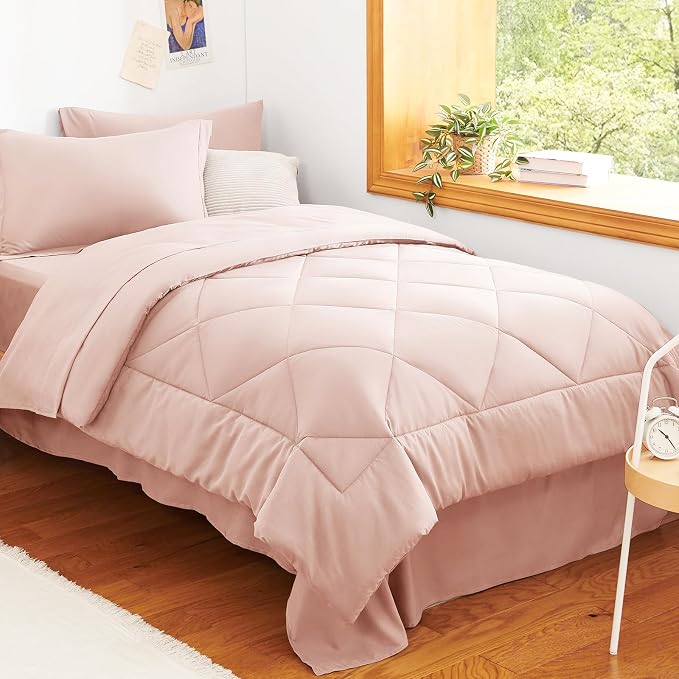 Twin XL Comforter Set Blush Pink - 5 Pieces Complete Bedding Set | College Dorm Essentials, OEKO-TEX Certified, All Season, 240GSM Down-Alternative Comforter, Sheets, Pillowcase & Sham