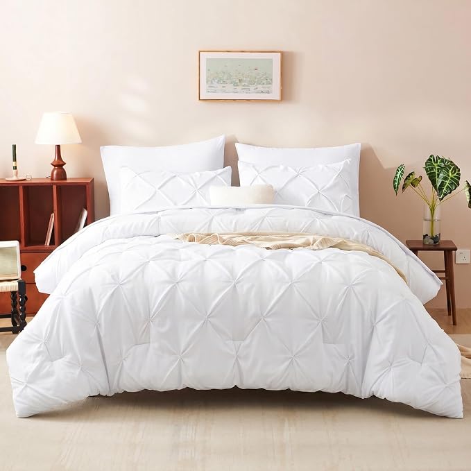 HIMEET Queen Comforter Set White - 7 Pieces Pintuck Bed in a Bag | OEKO-TEX Certified, 240GSM Down Alternative Comforter, 14" Deep Pocket Fitted Sheet + Flat Sheet + 2 Pillowcases + 2 Shams