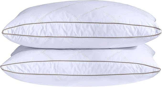 puredown® Natural Goose Down Feather Pillows for Sleeping Oval Gusseted Feather Down Pillow 100% Cotton Pillow Cover with Leaf Quilting Standard Set of 2
