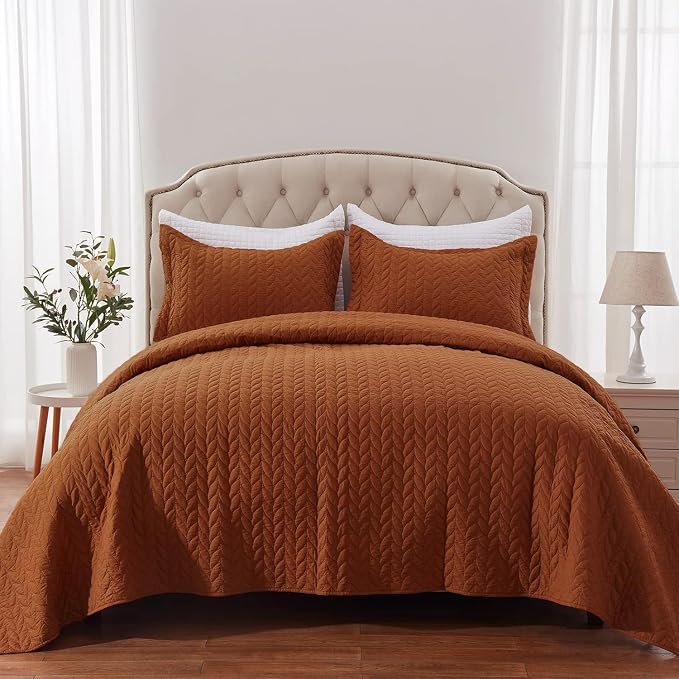 SunStyle Home Queen Quilt Bedding Set, Lightweight Bedspreads,Brunt Orange | Soft Coverlet With 2 Pillow Shams,Morden Style Quilts for All Season, Suitable for Bed,Couch,Bedroom,Guest Room,90"X96"