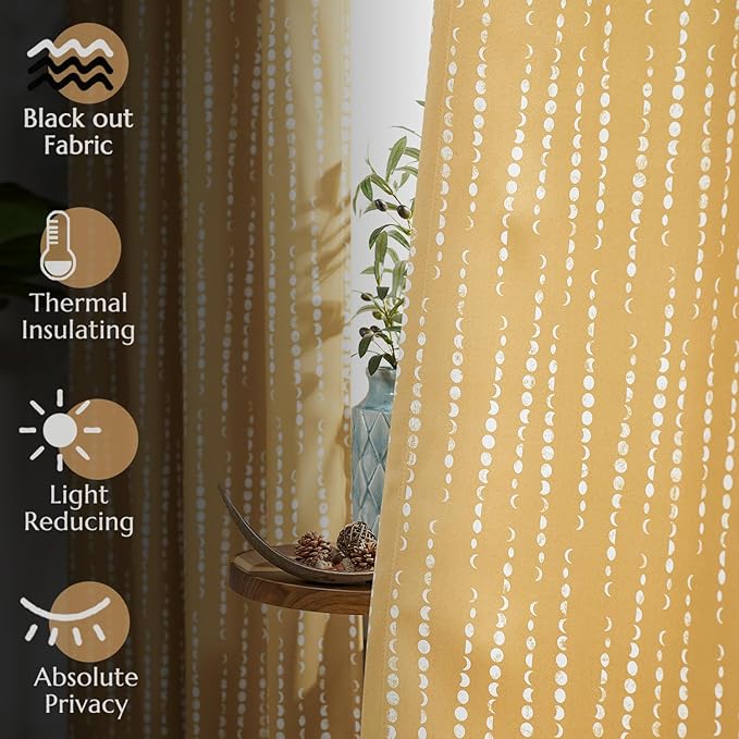 jinchan Boho Blackout Curtains 63 Inch Length Moon Phase Printed Drapes | Mustard Yellow Farmhouse Curtain for Bedroom Living Room Back Tab Drapes Room Darkening Window Treatment 2 Panels