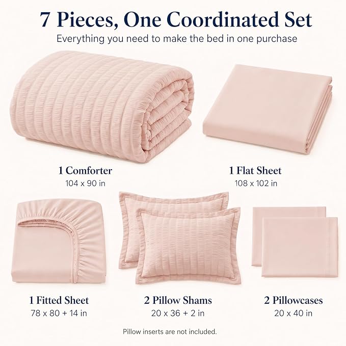 King Size Comforter Set 7 Pieces Blush Pink Seersucker Bed in a Bag | OEKO-TEX Certified, All Season Bedding Set with 240 GSM Down Alternative Comforter, Flat & Fitted Sheets, Pillowcases & Shams