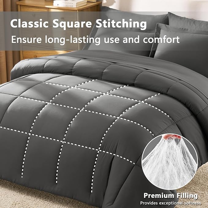 Queen Comforter Set, 7-Piece Bed in a Bag, Dark Grey | OEKO-TEX Certified, Box-Stitched Design, 240 GSM Down Alternative Fill, All-Season Comfort, Sheets, Pillowcases & Shams