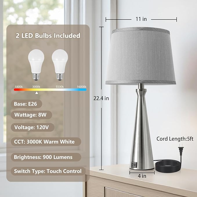 Modern Touch Lamps for Nightstand, 3 Way Dimmable Bedroom Lamp Set of 2 | USB C+A Charging Ports, Silver Bedside Lamps for Bedroom, Living Room, End Table, Bed Side, LED Bulb Included