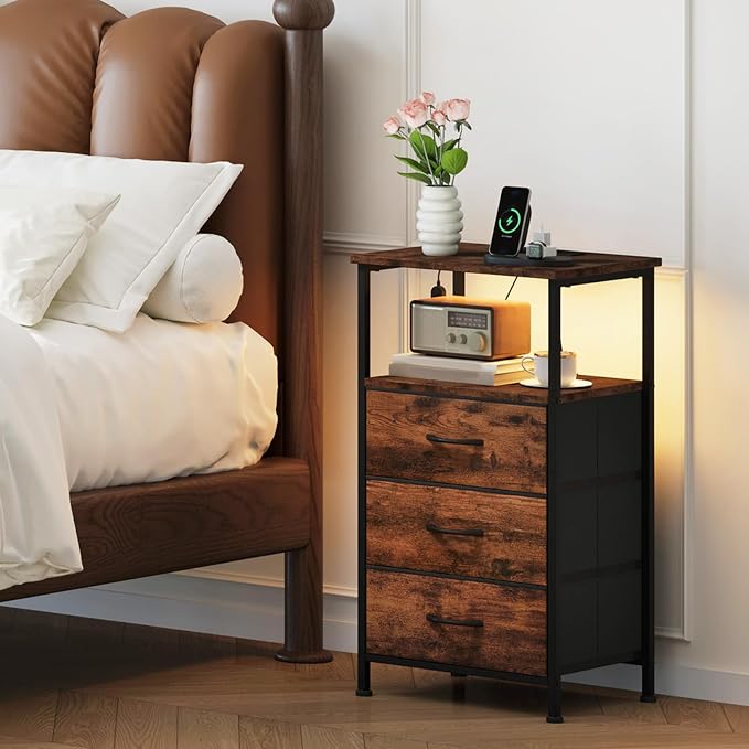Somdot Nightstands Set of 2 with 3 Drawers, Charging Station & LED Light | Open-Shelf End Tables for Bedside, Small Spaces, Bedroom, Entryway and Hallway, Brown