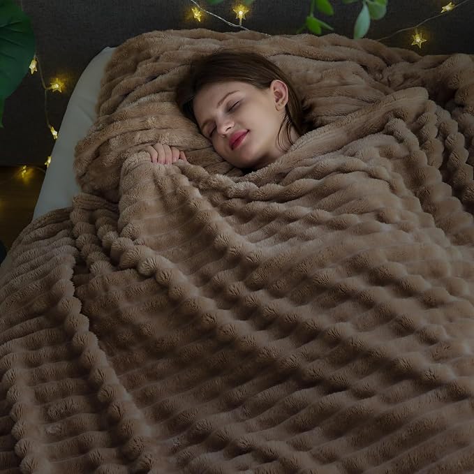 NEWCOSPLAY Fleece Ribbed Cozy Queen Blanket for Couch, Taupe, 90"x90" | Premium Silky Flannel Blanket, Soft Lightweight Fluffy Throw Blanket for Bed Sofa Decor, Gift for All Season Use