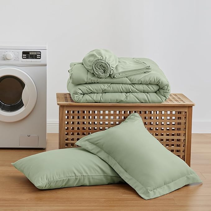 Love's cabin Twin XL Comforter Set Sage, 5 Pieces Twin XL Bed in a Bag, All Season Bedding Sets with 1 Comforter, 1 Flat Sheet, 1 Fitted Sheet, 1 Pillowcase and 1 Pillow Sham