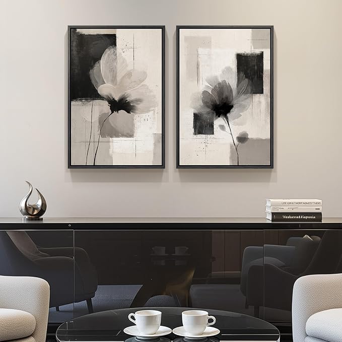 Framed Neutral Abstract Floral Wall Art Decor for Bedroom Set of 2, 16x24 | Flower, Canvas prints, Modern paintings, Black beige, Minimalist pictures, Wood frame, Living room, Dining room wall decor