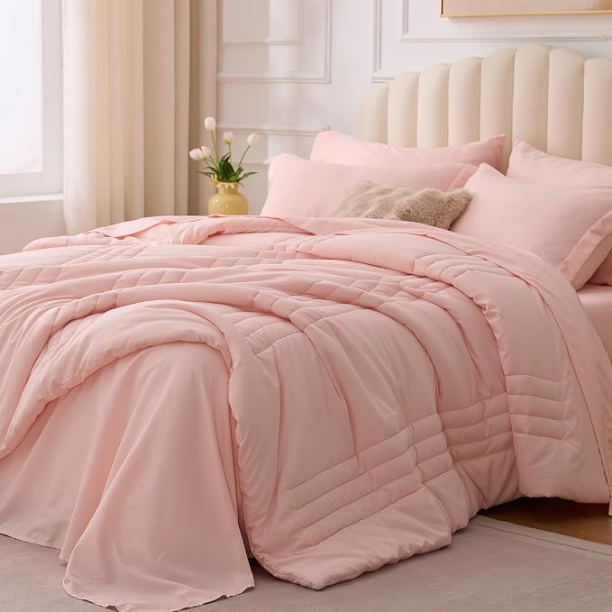 Pink Queen Comforter Set, Bed in a Bag Queen Size 7 Pieces, Soft Bedding Set for All Seasons, Premium Queen Comforter Set with Quilted Comforter, Sheets, Fitted Sheet, Pillowcases & Shams