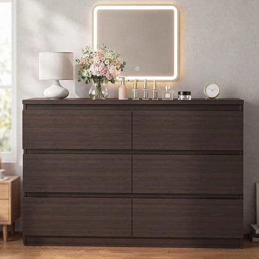 6 Drawer Double Dresser for Bedroom, Modern Simply Chest of Drawers, Wood Storage Dresser with Anti-Tipping for Living Room Hallway Entryway, Nursy Brown (15.3" D x 47.2" W x 32.3" H)