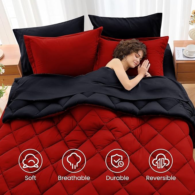 7 Pieces King Comforter Set, Reversible Bed in a Bag King Size, All Season Bedding Set with Comforter, Flat Sheet, Fitted Sheet, Pillowcases & Shams, Red & Black