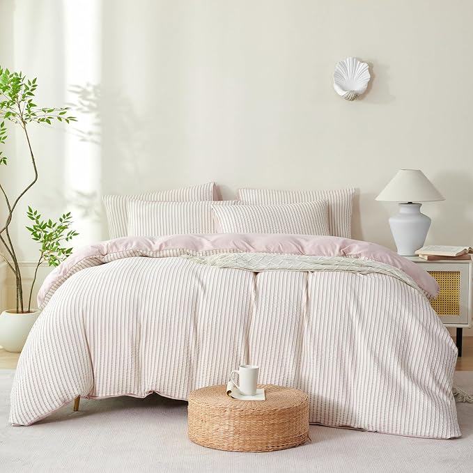 Comforter Set King Size Dusty Pink Soft Luxury Washed Microfiber Jacquard 3 Pieces Bedding Set, White Dusty Pink Vertical Ticking Stripes Comforter with 2 Pillowcases Breathable Durable Comfy