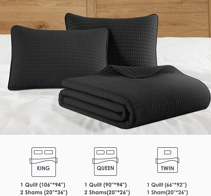 King Size Quilt-Lightweight Black Bedspreads King Quilt Bedding Set | Soft Coverlet with 2 Pillow Shams for All Seasons, Suitable for Bed, Couch, 3 Pieces, 106"x94"