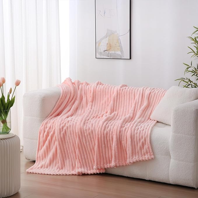 Light Pink Fleece Throw Blanket 90”×90” for Couch Sofa Livingroom | Super Soft Cozy Plush Microfiber Flannel Bed Blanket Striped Design Lightweight Home Decor Gifts for Adults Mom Women