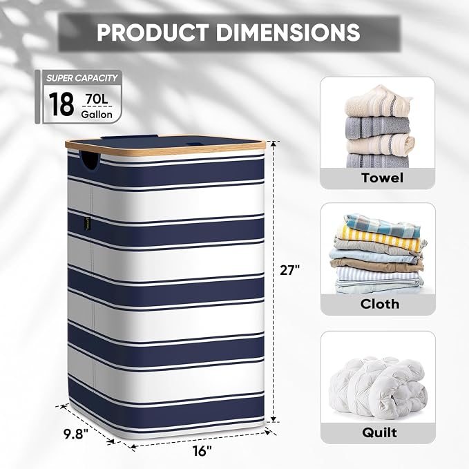 BALEINE 70L Laundry Hamper with Lid, Large Laundry Basket Bin | Large Capacity, Easy-Access Lid, Shape-Retaining Structure, Pull Handles, Ideal for Bedroom, Dorm, Laundry Room