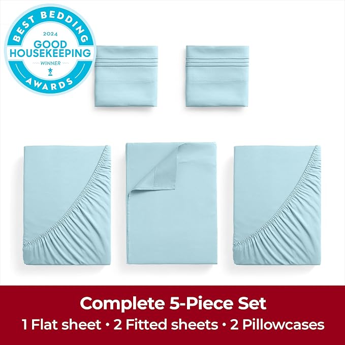 Mellanni Extra Deep Split King Sheets - 5 PC Iconic Collection Bedding | Hotel Luxury, Ultra Soft, Cooling Bed Sheets - Wrinkle, Fade, Stain Resistant (Split King, Aqua)