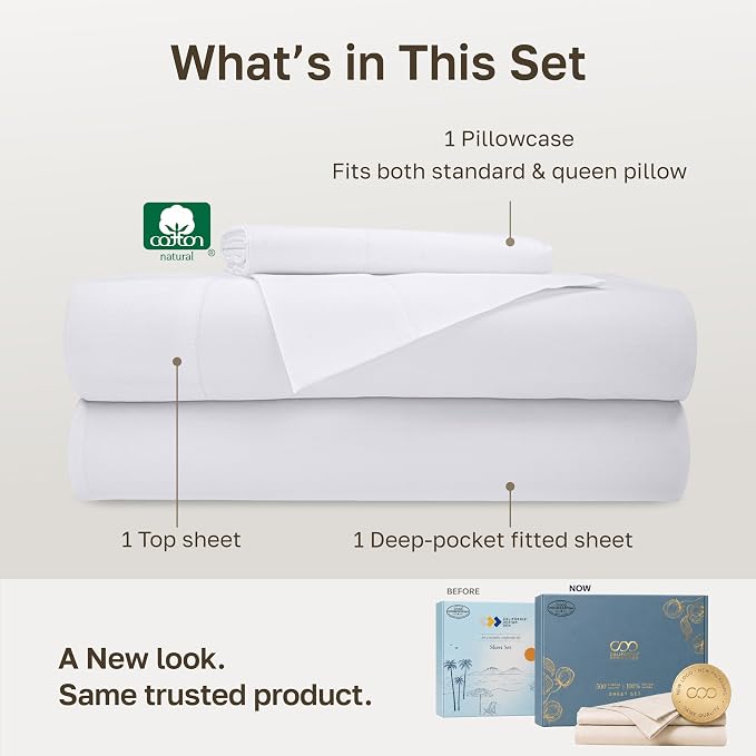 California Design Den 100% Cotton Sateen Twin XL Sheets, 3 Pcs Set, White | Soft 500 Thread Count Backed by Good Housekeeping Seal, All-Around Elastic, Durable, Easy Care, OEKO-TEX certified
